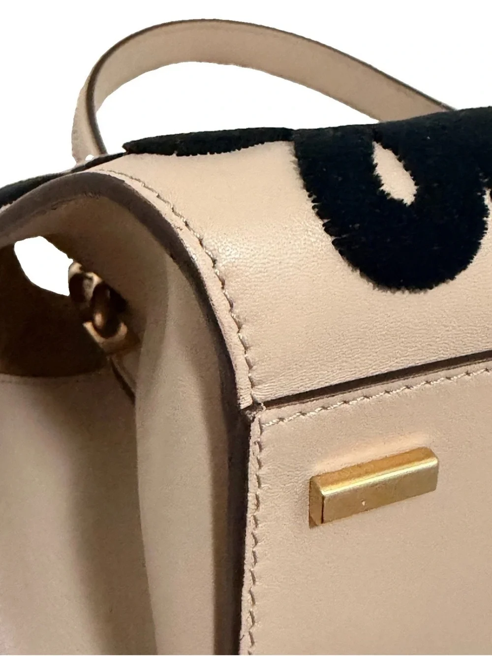 Oscar de la Renta Tan Satchel with Black Appliqué
